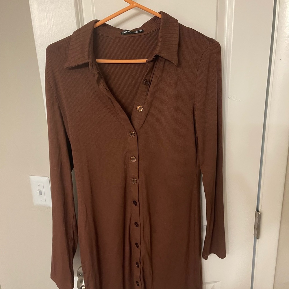SHEIN body con brown front button dress